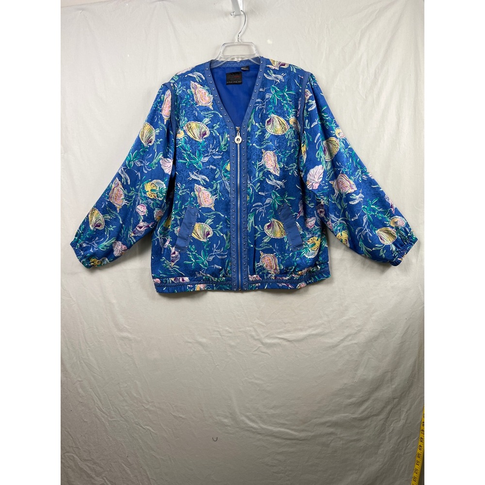 Mureli Silk Bomber Jacket Womens XL Blue Seashell Print Studded Vintage Zip Up